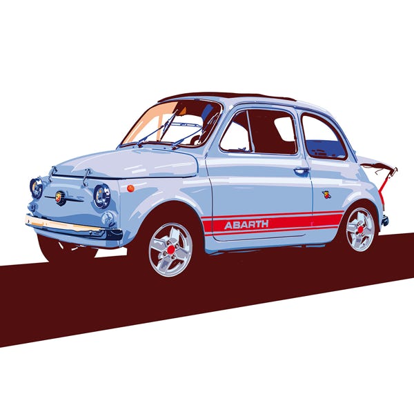 Fiat 500 Abarth:) bold and striking flat colour artwork by Nick Oliver