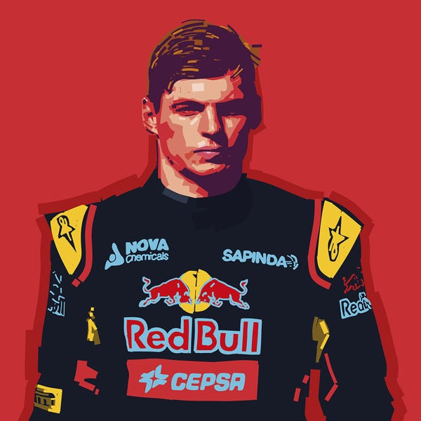 Max Verstappen:) bold and striking flat colour artwork by Nick Oliver