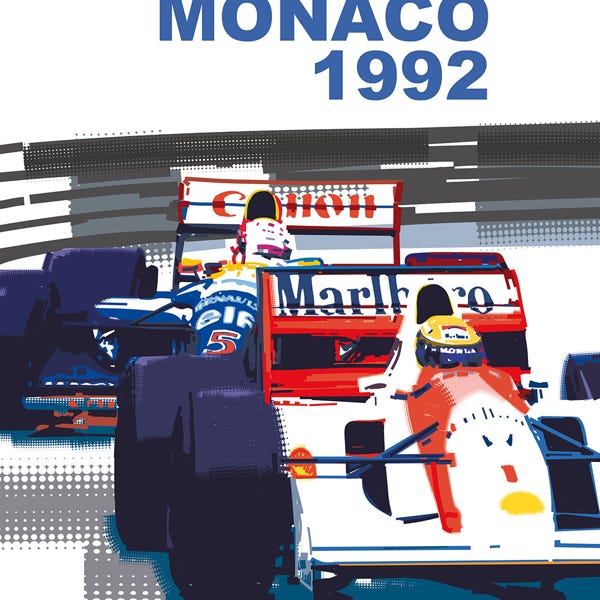 Nigel Mansell Ayrton Senna Monaco 1992:) bold and striking flat colour artwork by Nick Oliver