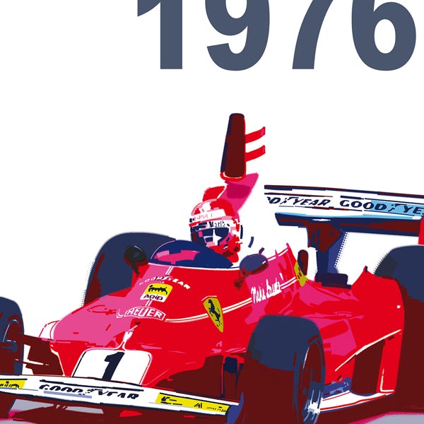 Niki Lauda Ferrari 1976:) bold and striking flat colour artwork by Nick Oliver