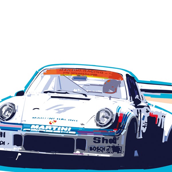 Porsche 911 Martini:) bold and striking flat colour artwork by Nick Oliver