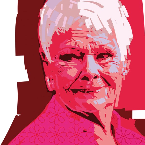 Judi Dench:) bold and striking flat colour artwork by Nick Oliver