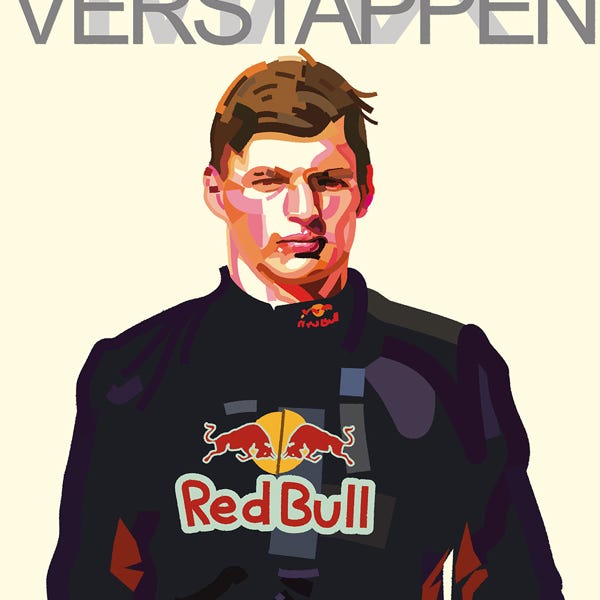 Max Verstappen:) bold and striking flat colour artwork by Nick Oliver
