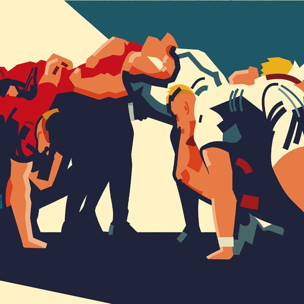 Rugby Scrum:) bold and striking flat colour artwork by Nick Oliver
