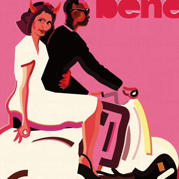 Italian Scooter Boy and Girl:) bold and striking flat colour artwork by Nick Oliver