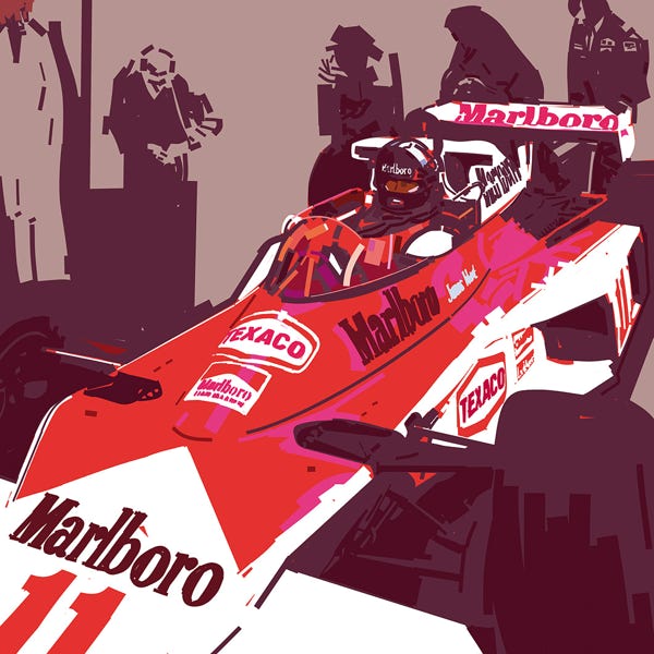 James Hunt Mclaren 1976:) bold and striking flat colour artwork by Nick Oliver